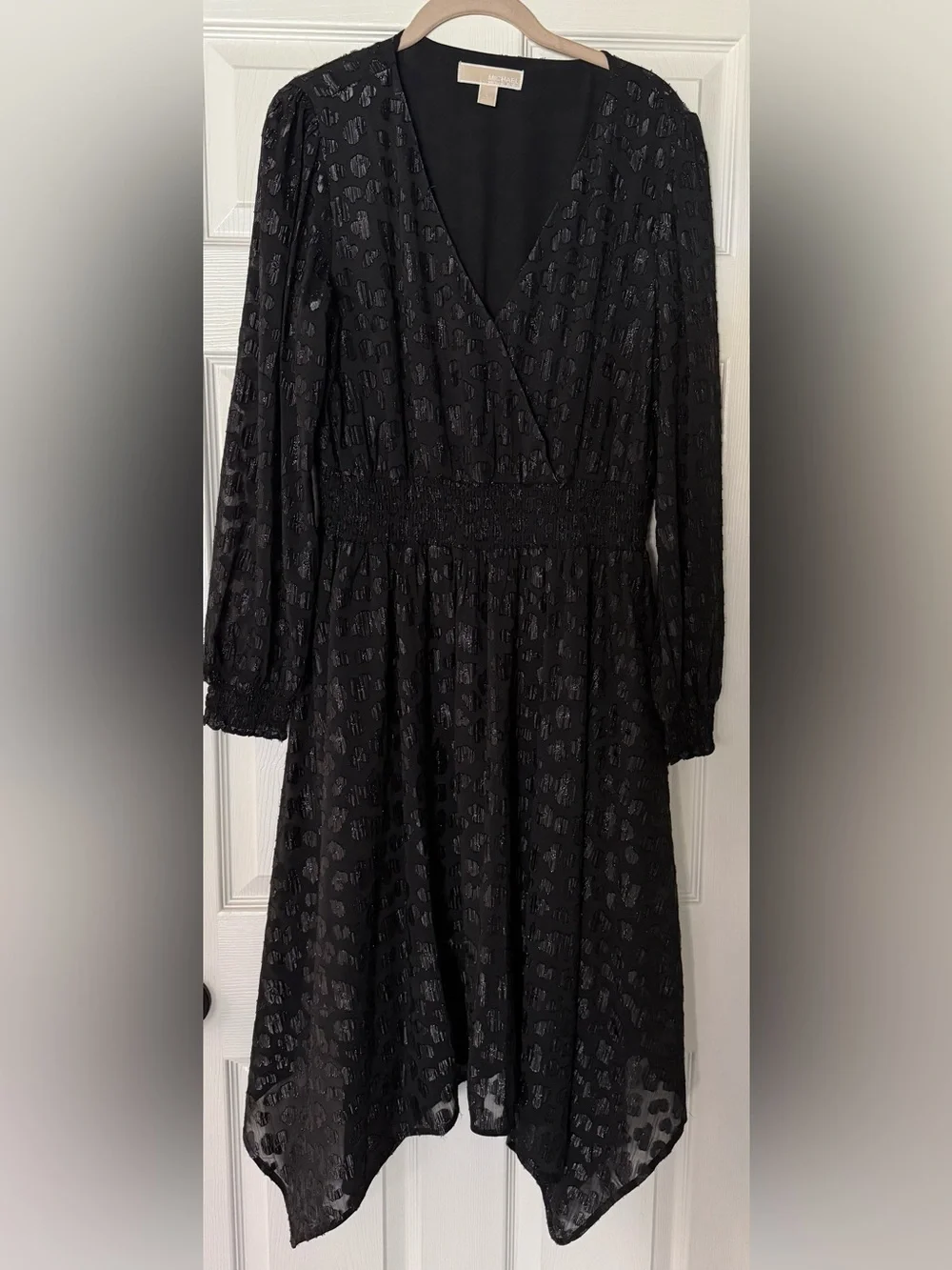 Michael Kors Black V-Neck Long Sleeve Smocked Waist Midi Dress